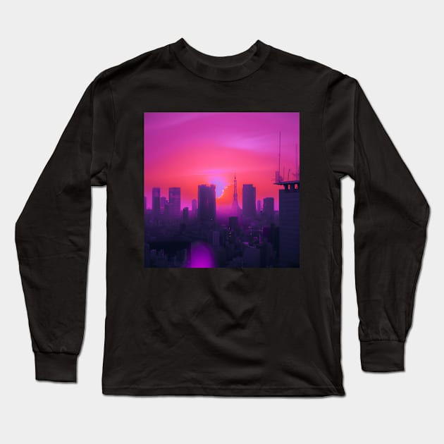 Synthwave Sunset Over Tokyo Long Sleeve T-Shirt by WaverleyJane